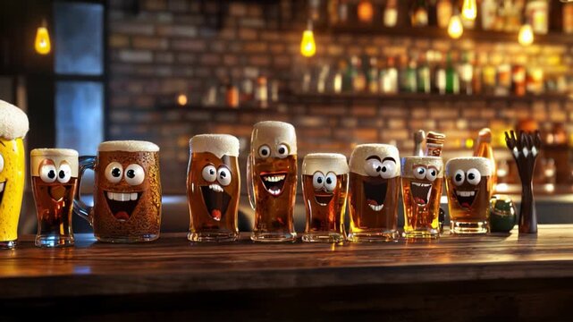 Eight beer glasses with happy cartoon faces and expressions standing on a wooden bar counter in a pub setting