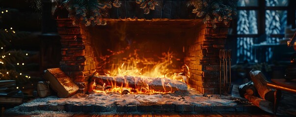 Cozy fireplace with crackling firewood, 4K hyperrealistic photo