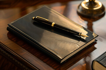 A sleek leather journal with a gold fountain pen, placed on a polished wooden desk, ideal for professional writing.