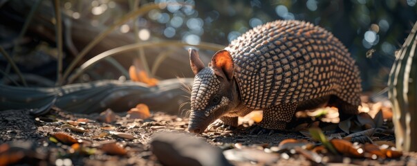 Curious armadillo on the ground, 4K hyperrealistic photo