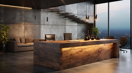 An office reception area with a modern wooden desk against a concrete wall, with soft lighting, illustrating a corporate interior design concept. 3D Rendering  