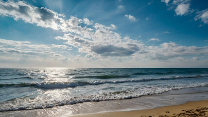Fototapeta premium Scenic view of sea against sky background. Ai generative