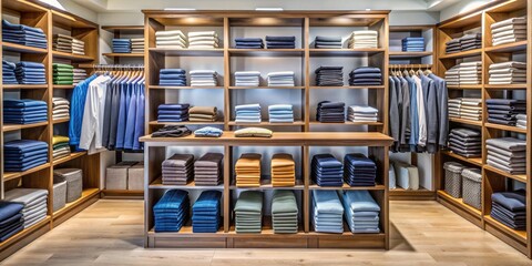 Organized clothing display featuring neatly folded garments sorted by size on shelves, showcased in a tidy and inviting retail environment.