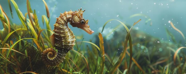 Fototapeta premium Elegant seahorse clinging to seagrass, 4K hyperrealistic photo