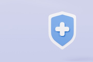 Obraz premium 3d Shield with a cross icon symbol on isolated purple background. Protection of health from diseases. Healthcare security insurance medical concept. 3d Minimal insurance blue shield icon. 3d render.