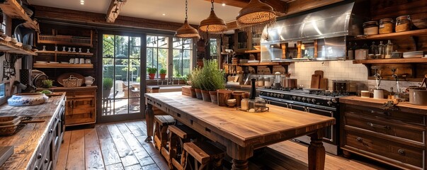 Farmhouse kitchen with a large island, open shelving, and rustic charm, Ð“Ð¸Ð¿ÐµÑ€Ñ€ÐµÐ°Ð»Ð¸ÑÑ‚Ð¸Ñ‡Ð½Ð°Ñ Ñ„Ð¾Ñ‚Ð¾Ð³Ñ€Ð°Ñ„Ð¸Ñ 4K