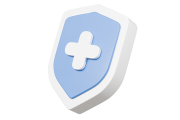 3d Shield with a cross icon symbol on isolated purple background. Protection of health from diseases. Healthcare security insurance medical concept. 3d Minimal insurance blue shield icon. 3d render.