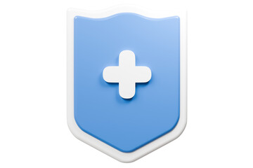 3d Shield with a cross icon symbol on isolated purple background. Protection of health from diseases. Healthcare security insurance medical concept. 3d Minimal insurance blue shield icon. 3d render.