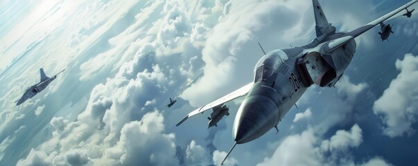 Naklejka premium Fighter jet escorting a bomber aircraft on a mission, 4K hyperrealistic photo