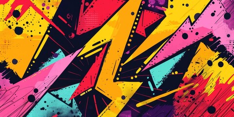 Abstract geometric shapes and vibrant colors.