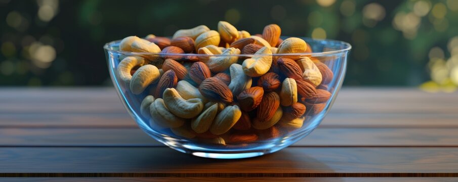 Glass bowl of mixed nuts, 4K hyperrealistic photo