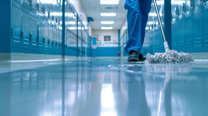 A janitorial staff member mopping a school hallway in a blue uniform