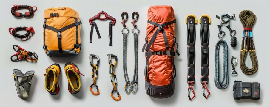 Isolated rock climbing gear on white background, 4K hyperrealistic photo