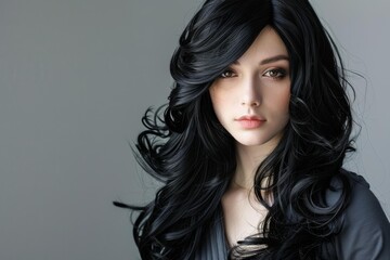 Naklejka premium Beautiful young woman with long healthy wavy black hair looking at camera and posing in studio on grey background