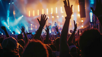 A large crowd at a concert with their hands raised in front of the stage. People watching a concert with colorful lights on the stage.