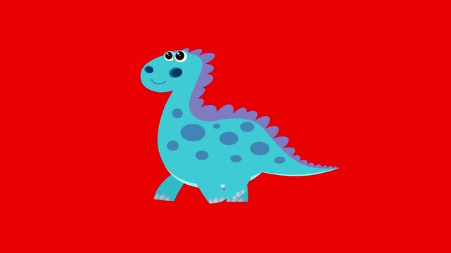 Cartoon blue dino walking cycle red screen. Cute 2d hand made prehistoric blue dinosaur character animation good for any use. 