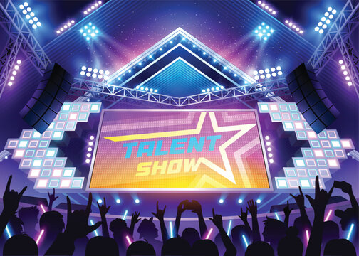 Music stage. Dance floor. talent show performance begin with lighting and amplifier. Led screen concert illuminated by spotlights