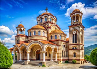 Majestic Eastern Orthodox cathedral in Korçë, Albania, featuring stunning Byzantine architecture, vibrant frescoes, and serene courtyard surroundings.