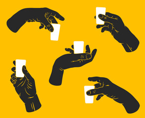 Hand holding shot of alcohol. Set hand drawn silhouettes human arms. Flat vector illustration.