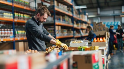 Volunteers sorting donated food items at a busy food bank warehouse, preparing for distribution to families in need