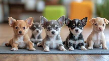 Adorable Puppies Lined Up on a Rug at Home During Daytime