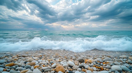 Waves Crashing on Pebble Beach Under Cloudy Sky at Dusk