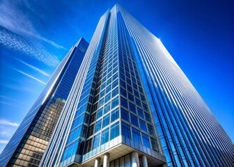 Obraz premium Contemporary skyscraper stands tall with numerous windows against a clear blue sky, showcasing sleek modern architecture and clean vertical lines.