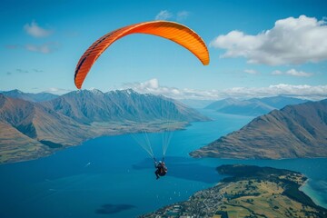 Paraglider is soaring over a beautiful mountain lake, enjoying the stunning views and the thrill of flight