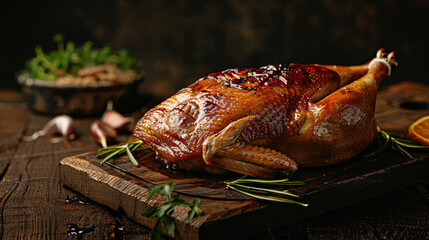 Naklejka premium Roasted chicken with rosemary on a wooden cutting board