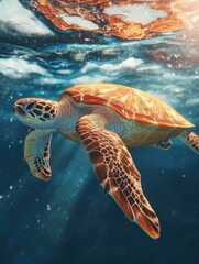 Fototapeta premium A turtle swims beneath the surface of the ocean, basking in the warm sunlight