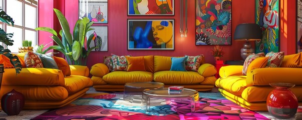 Maximalist living room with bold patterns, vibrant colors, and layered textures, 4K hyperrealistic photo
