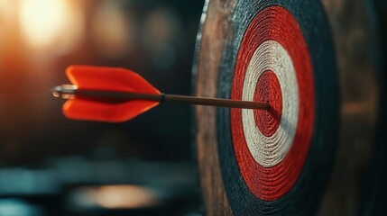 A closeup of an arrow hitting the bullseye, representing success and achievement