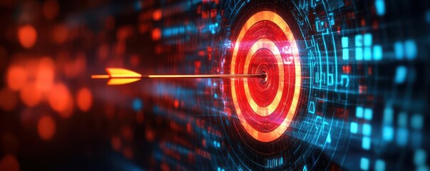 Obraz premium Arrow striking the bullseye on a digital target, futuristic background, precision and technology blend