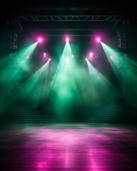 A dramatic stage scene with vibrant green and pink lights shining through fog, perfect for concerts, performances, or events.