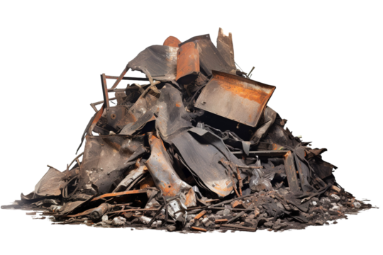 A Pile of Scorched Metal and Ash: Remnants of a Fire on a White or Clear Surface PNG Transparent Background
