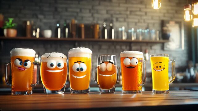 Six beer glasses with cartoon faces and expressions standing on a wooden bar counter in a pub setting