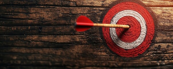 Closeup of an arrow piercing the bullseye of a target, sharp focus, success and achievement theme