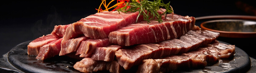Fototapeta premium Delicious cuts of freshly cooked meat, expertly plated with vibrant herbs, perfect for culinary presentations and food photography.
