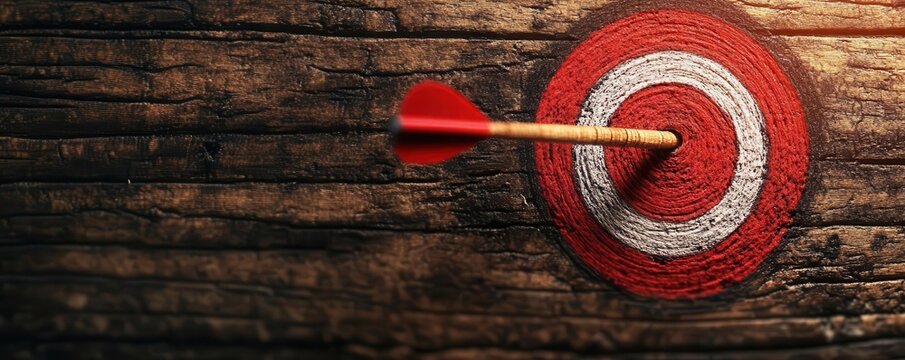 Closeup of an arrow piercing the bullseye of a target, sharp focus, success and achievement theme