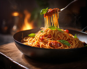 A delicious bowl of spaghetti topped with fresh basil and tomato sauce, perfect for a cozy dinner setting.