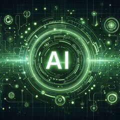 Obraz premium Green AI background with digital and futuristic elements, glow-in-the-dark, artificial intelligence technology based on data science and innovation in internet cyberspace.