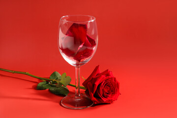 Glass with petals and beautiful rose on red background