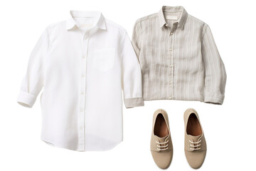 A Crisp White Shirt and Striped Linen Shirt Lay Flat With Tan Leather Loafers on a White or Clear Surface PNG Transparent Background