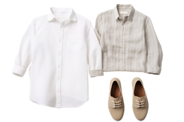 A Crisp White Shirt and Striped Linen Shirt Lay Flat With Tan Leather Loafers on a White or Clear Surface PNG Transparent Background
