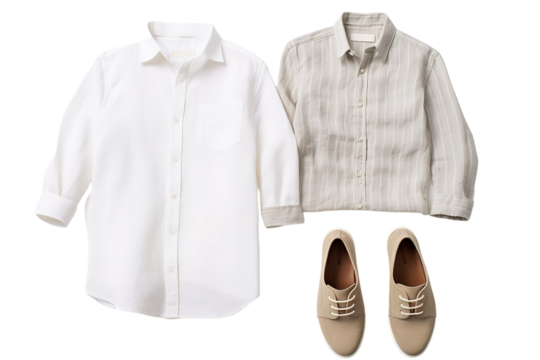 A Crisp White Shirt and Striped Linen Shirt Lay Flat With Tan Leather Loafers on a White or Clear Surface PNG Transparent Background