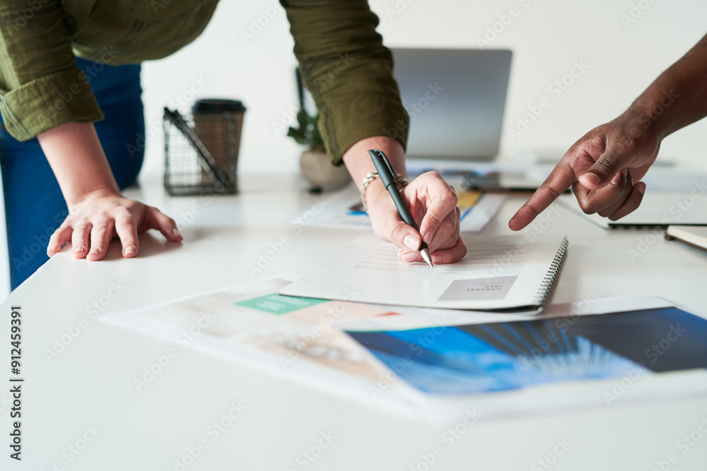 Sticker Hand, business people or team writing on paper for discussion, idea or problem solving. Document, brainstorming or cooperation for project with graphic designer on creative portfolio at startup table