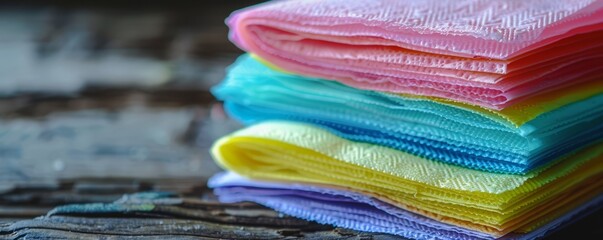 Stack of colorful paper napkins, 4K hyperrealistic photo