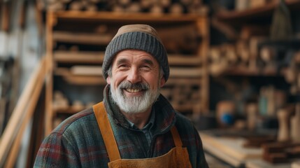 Smiling mature man working in carpentry workshop