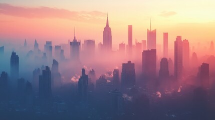 Fototapeta premium Stunning Sunrise Over a Foggy Modern City Skyline with Skyscrapers and Soft Pastel Colors
