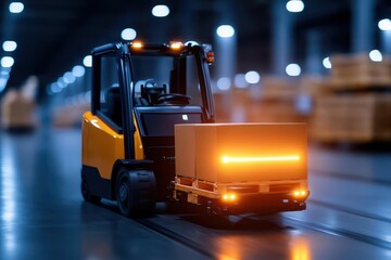 A close-up of a forklift transporting a box in a modern warehouse, featuring illuminated lights and storage stacks in the background.